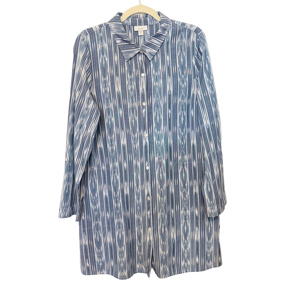 Pure Jill J. Jill Blue White Ikat 100% Cotton Sheath Roll Tab Boho Shirt Dress M